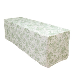 French Toile Fitted Tablecloth 8ft – Dusty Sage Green & White Rectangular Polyester Wrinkle-Resistant Table Cover
