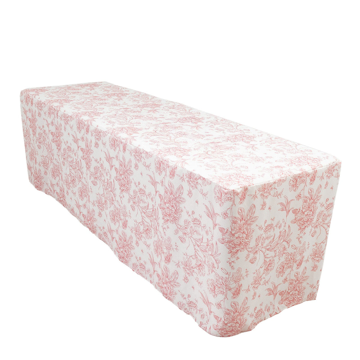 French Toile Fitted Tablecloth 8ft – Pink & White Rectangular Polyester Wrinkle-Resistant Table Cover