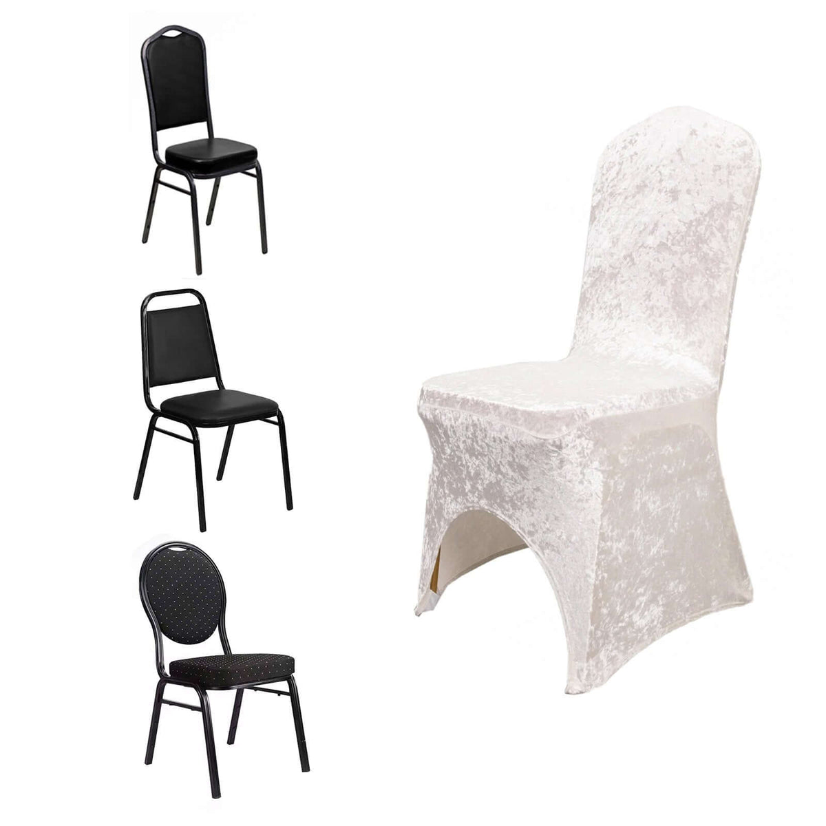 Crushed Velvet Spandex Banquet Chair Cover Fitted Slipcover White - Stretch 190GSM Slipcover with Foot Pockets for Weddings & Events